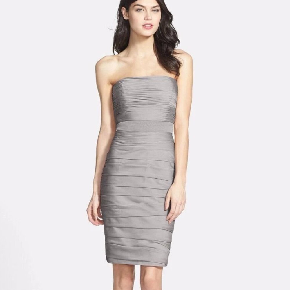 Monique Lhuillier Bridesmaids Cationic Ruched Ruffle Strapless Mini Dress 4 Euc View 2